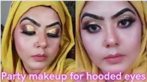 Golden glittery eye makeup tutorial|| makeup for hooded eyes|easy party glam makeup look||cyma akram