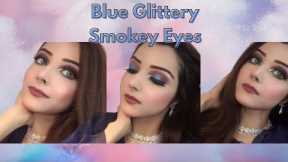 Blue glittery smokey eyes makeup tutorial| Classic blue smokey