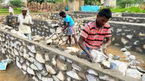 Strongest! Foundation Construction_Stone Masonry Basement Wall Build with Natural Stone&Cementmixer