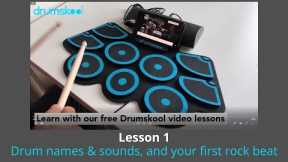 Drumskool Lesson 1 Drum names and sounds, and your first rock beat